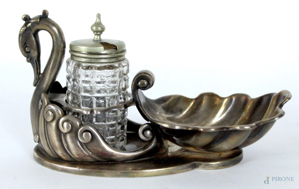 Saliera in metallo argentato a forma di cigno con vaschetta a conchiglia, cm. 7,5x14x7. Inghilterra, Elkington &amp; Co., primi &#39;900.