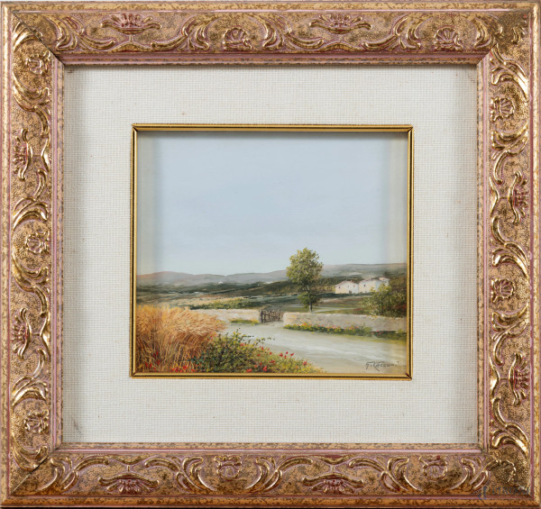 G. Cecconi (XX secolo), Staccionata,  olio su cartone, cm 15x17, firmato, entro cornice