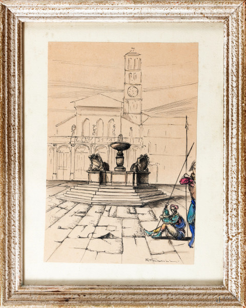 Basilica di Santa Maria in Trastevere, XX secolo, disegno a tecnica mista su carta, cm 28x19, (firmato in basso a destra, (segni di usura, ossidazione della carta)