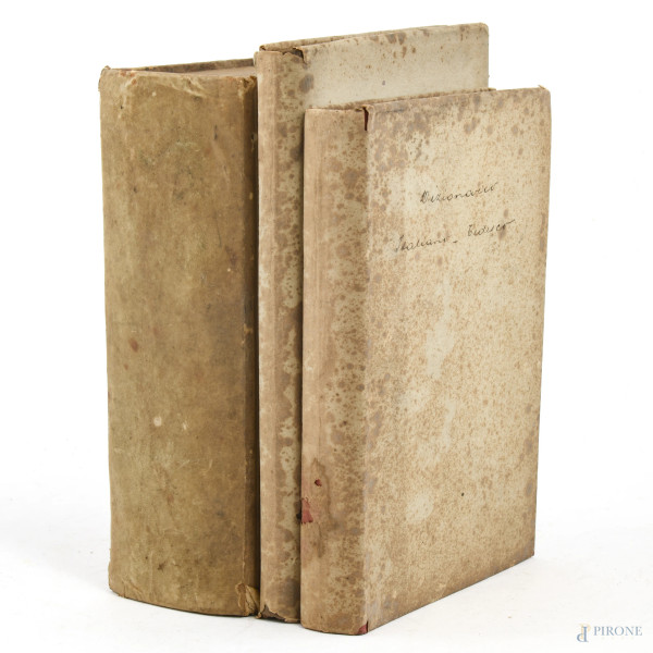 Lotto di 3 dizionari, XIX secolo, (segni di usura, rotture, strappi, mancanze, difetti)