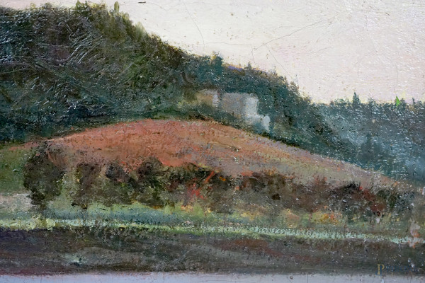 Scuola italiana del XIX secolo, Paesaggio al tramonto, olio su tela, cm 20x40, entro cornice