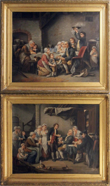 Coppia d'interni con figure, dipinti dell'800 di scuola olandese ad olio su tela, 90x70 cm, entro cornici