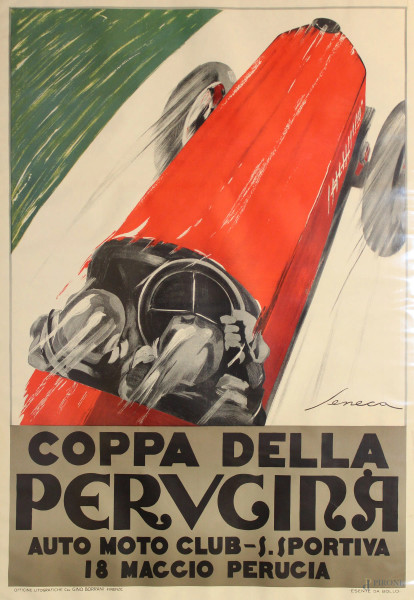 Coppa della perugina, affiche cm 96x136, entro cornice, firmato F. Seneca.