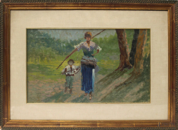 Paesaggio con donna e bambino, olio su tela, cm 30x50, entro cornice.