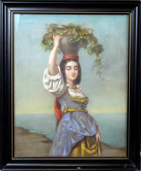 Pittore del XIX secolo, donna con cesta, pastello su carta, cm 57x45, entro cornice