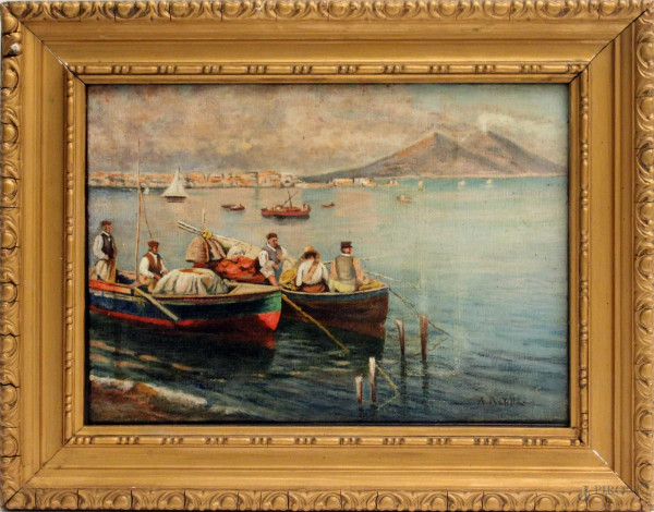 Golfo di Napoli con pescatori, dipinto olio su tela, cm. 25x35, entro cornice.