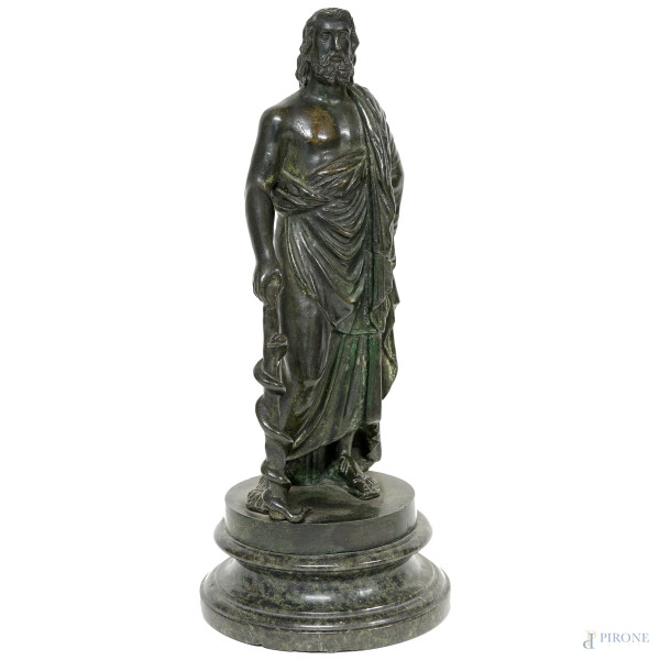 Esculapio, scultura in bronzo brunito, cm h 39.5, base in marmo.