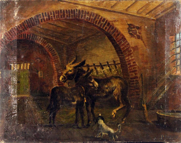 Interno di stalla con animali, olio su tela, cm. 38x49, firmato.