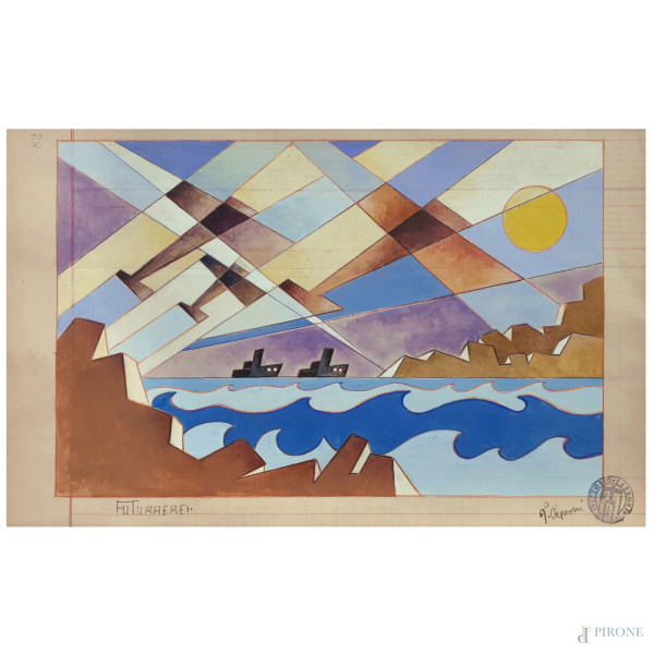 Vittorio Caproni, (XX secolo), Aeropittura, tecnica mista su carta, cm 22x35, titolato “FUTURAERE...