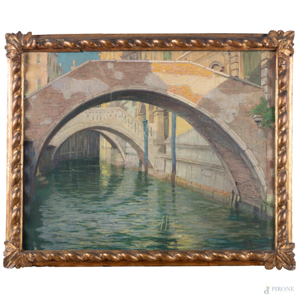 Lungo il canale, XX secolo, olio su tela, cm 77x96,5, firmato in basso a destra, entro cornice, (abrasioni, cadute di colore, graffi, tela da ritensionare)