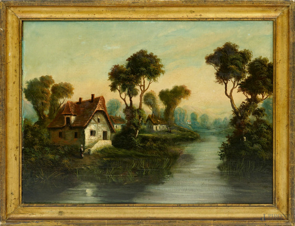 Paesaggio fluviale con case, olio su tela, XX secolo, cm 48,8x64,8, entro cornice