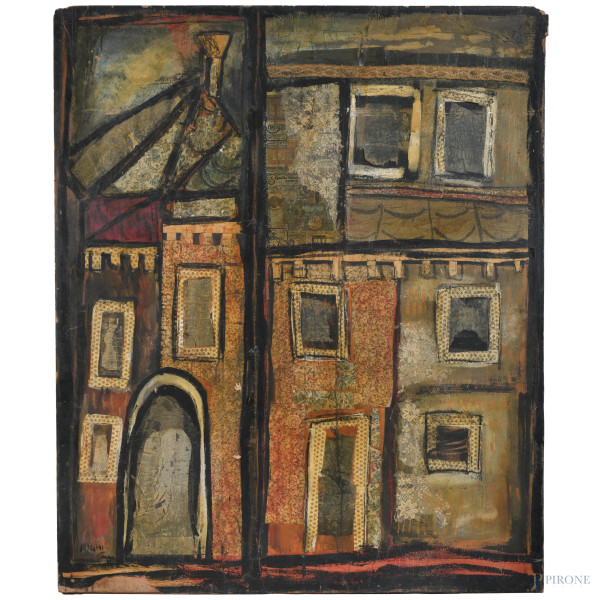 Federico Righi (1908-1986), Case a Parigi, tecnica mista su compensato, cm 121,5x101,5, firmato e datato in basso a sinistra, (segni di usura, cadute di colore, abrasioni, mancanze)