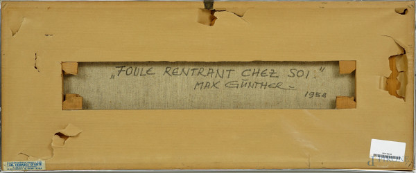 Foule rentrant chez soi, olio su tela, cm 16x56. Retro: titolato, firmato e datato "1958", entro ...