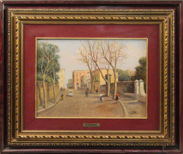 Vincenzo Canino - Viale con macchina e figure, olio su tavola, cm. 25x35, entro cornice.