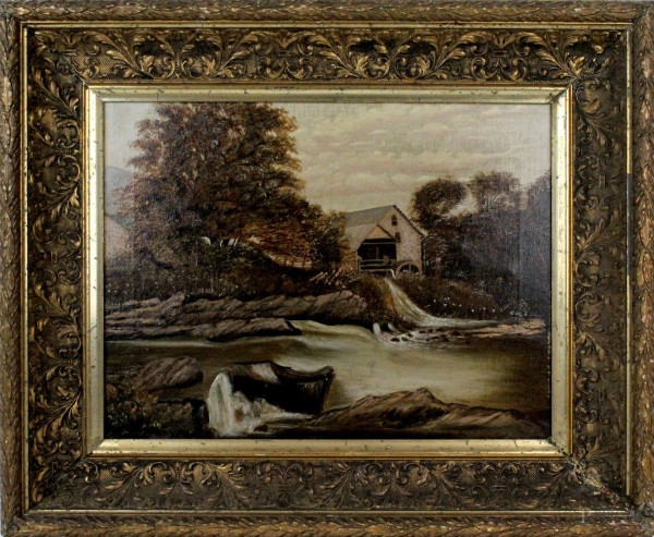 Paesaggio fluviale con mulino, olio su tela, cm. 36x46, firmato, entro cornice.