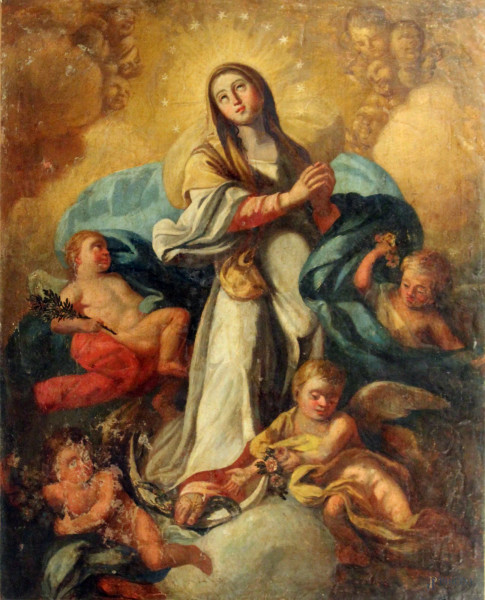 Pittore del XVIII sec., Madonna con angeli, olio su tela, cm 74x60.
