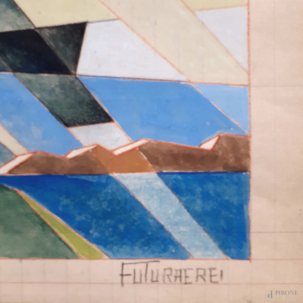 Vittorio Caproni, (XX secolo), Aeropittura, tecnica mista su carta, cm 22x35, titolato “FUTURAERE...