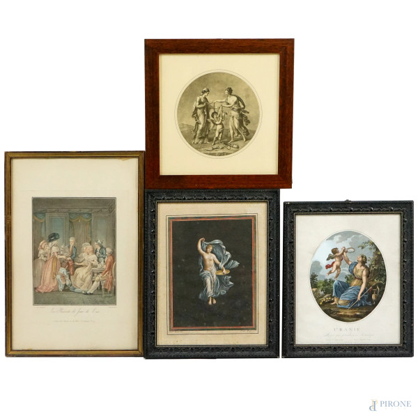 Lotto di quattro stampe del XIX-XX secolo raffiguranti soggetti diversi, misure max cm 47x31, entro cornici, (difetti)