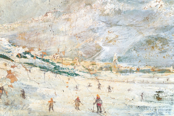 Svago sulla neve, olio su cartone, cm 24x28, XX secolo, (difetti).