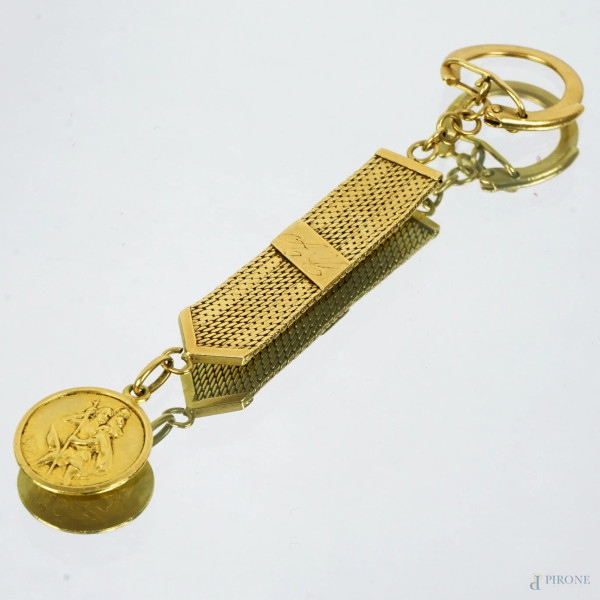 Portachiavi in oro giallo 18 KT con ciondolo raffigurante San Cristoforo, peso gr.16,5