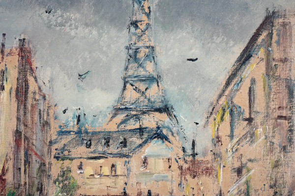 Veduta di Parigi, olio su tela, firmato in basso a destra, cm 69x49