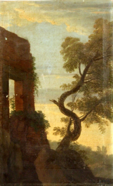 Paesaggio con architetture, olio su tela, cm 49x30, XVIII sec.