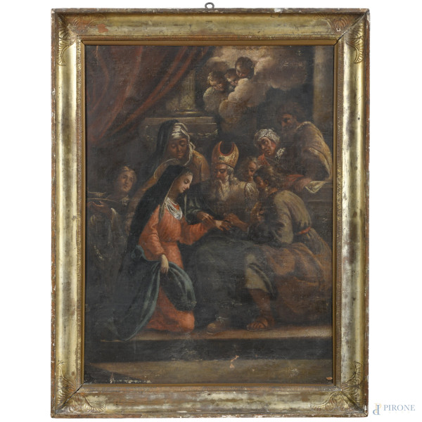 Sposalizio della Vergine, XVIII secolo, olio su tela, cm 100x76, (abrasioni, sollevamenti e cadute di colore, tracce di umidità, mancanza di tensione, difetti)