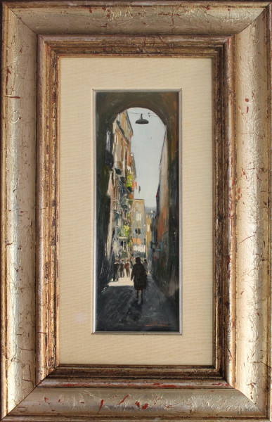Gennaro Guzzi, Vicolo napoletano, dipinto ad olio su masonite, cm 31 x 11, entro cornice.