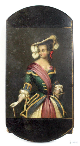 Portasigari in legno e papier mâché, con decoro raffigurante dama, XIX secolo, cm 14,5x7x1