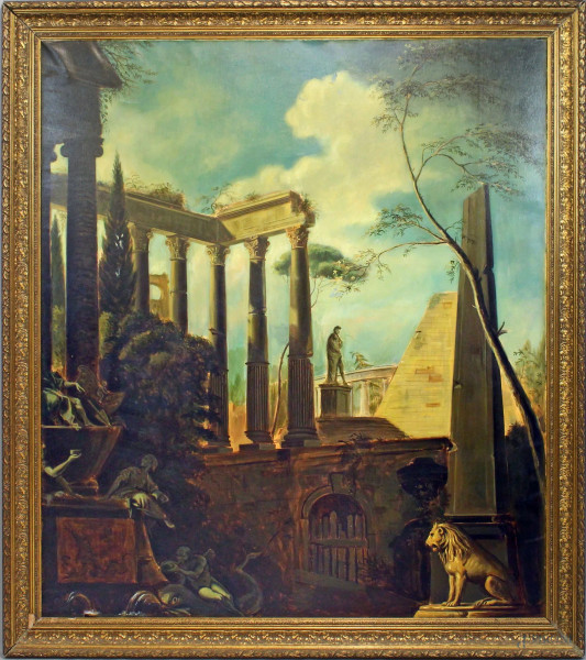 Paesaggio con architetture e figure, olio su tela, cm 150x130, XX secolo, entro cornice, (piccole cadute di colore)