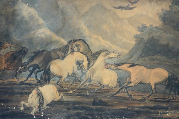 Combattimento tra cavalli, tecnica mista su carta applicata su tela, datato in basso a destra "Ma...