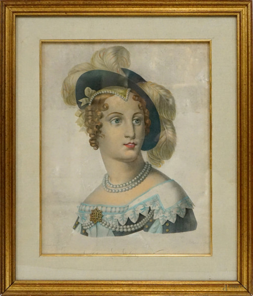 Ritratto di donna con cappello e collana di perle, stampa colorata, cm 50x40, XIX secolo, in cornice, (difetti)