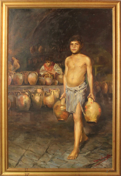 Il vasaio, olio su tela firmato Cesare Laruffa, cm 141 x 90, entro cornice.