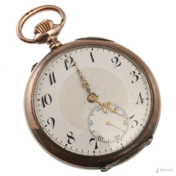 Orologio da tasca con cassa in argento, XX secolo, diametro cassa cm 5, (segni di usura, da revisionare)