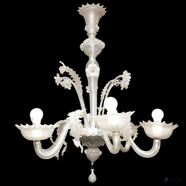 Lampadario in vetro Murano a sei luci, XX secolo, cm 100x90 ca., (segni di usura, difetti)