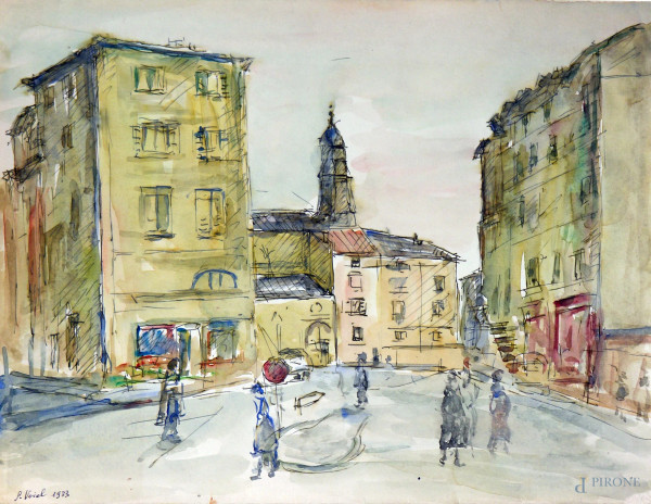 Artista francese del Novecento, Piazzetta parigina, tecnica mista su carta, cm 33x25