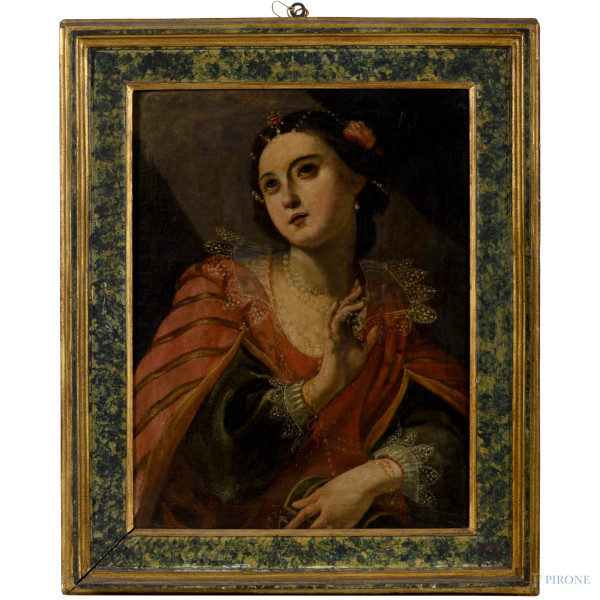 Ritratto di nobildonna con scrigno, XVIII secolo, olio su tela, cm 52x40 entro cornice, (difetti)