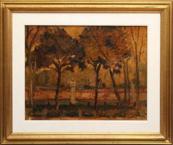 Achille Sdruscia - Parco, olio su tela, riportato su tavola, 40x50 cm, entro cornice datato 1941