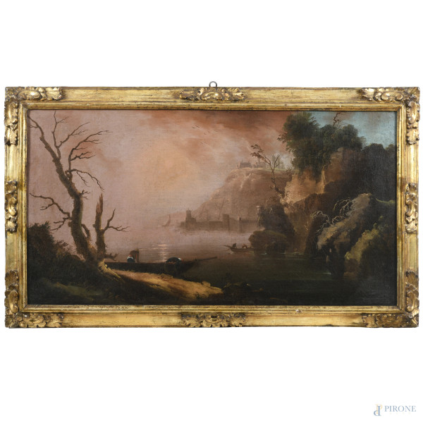 Attribuito a Francesco Fidanza (1747-1819), Paesaggio costiero al tramonto, olio su tela, cm 53,5x98, entro cornice, (segni di usura, craquelure)