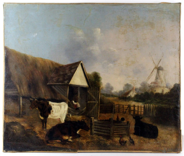 Scena di vita contadina, olio su tela, cm. 51x61, XIX secolo, (restauri, piccole cadute di colore sparse).
