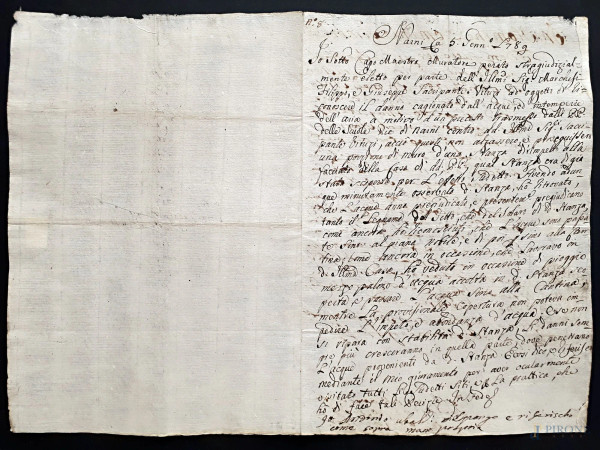 Antico raro manoscritto umbro del 1696 scampato a incendio, vergato a penna d’oca e inchiostro di galla su carta vergellata e filigranata