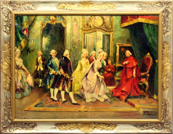 Interno con cardinale e figure, olio su tela cm 60x80, firmato De Angeli, entro cornice.