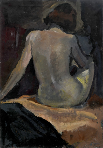 Edoardo Krumm (1916-1993), Nudo, tecnica mista su tela, cm 120x60, firmato al retro