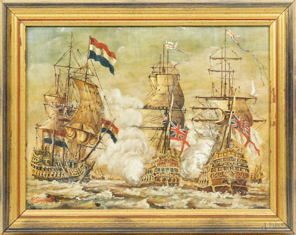 Battaglia navale, olio su tela, firmato in basso a sinistra, cm 30x40, entro cornice