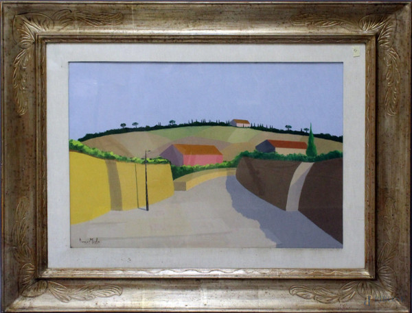Franco Miele - Tre case e strada di campagna, olio su tela, cm. 50x70, entro cornice.