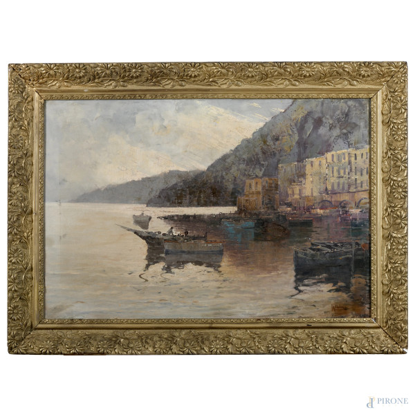 Costiera sorrentina, XX secolo, olio su tela, cm 63x94, firmato in basso a destra, entro cornice, (segni di usura, segni di battitura del telaio)
