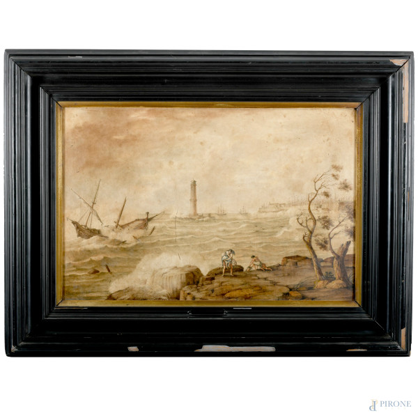 Pittore tedesco attivo in Italia nel XVIII secolo, Il naufragio, tecnica mista su ardesia, cm 56x78, entro cornice, (difetti)