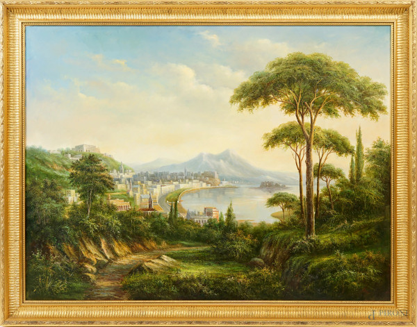 Veduta del Golfo di Napoli, olio su tela, XX secolo, cm 78x103, entro cornice