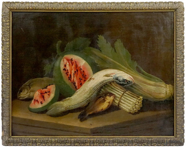 Scuola romagnola tra XVIII-XIX secolo, Natura morta di pesci, anguria, asparagi e sedano, olio su tela, cm 69x89, entro cornice