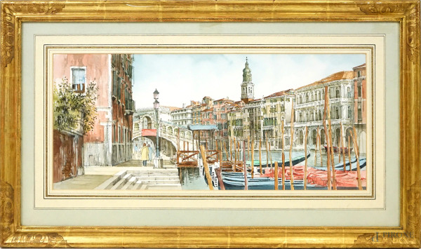 Venezia, acquarello su carta, cm 21x48, firmato Saverio De Bello, entro cornice.